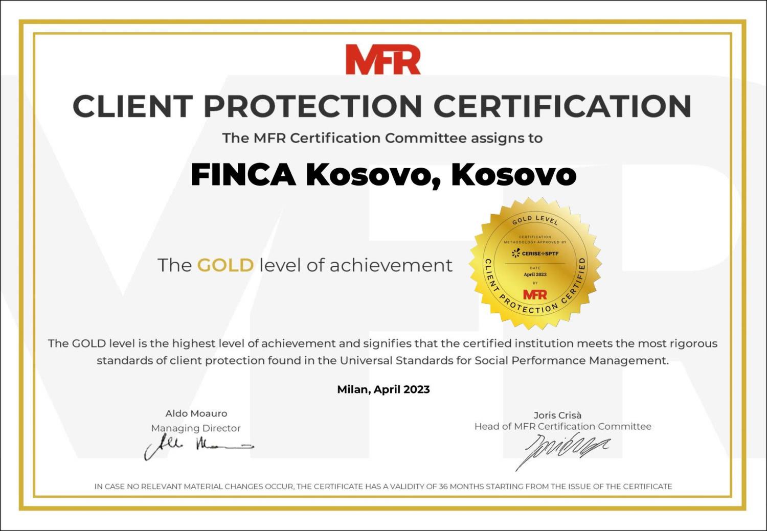 FINCA Kosovo is certified with the highest level for "Client Protection" by MFR